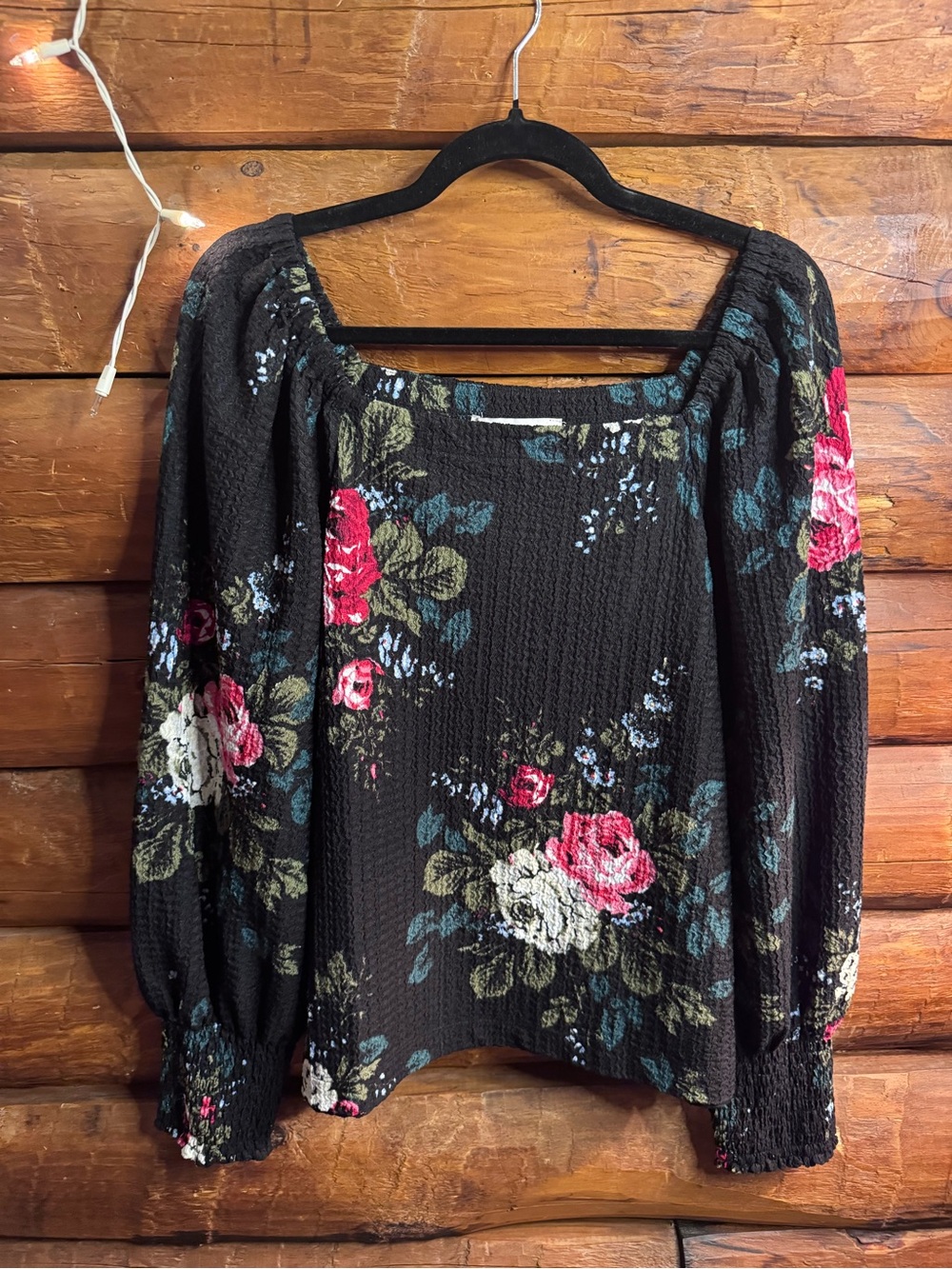 LOFT Black Floral Square-Neck Peasant Blouse